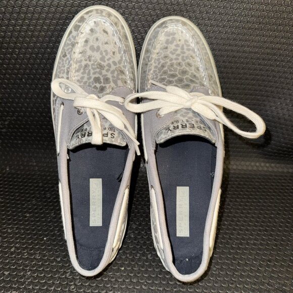 Sperry Top Sider White Gray Silver Leopard Canvas Lace Up Boat Shoes Size 9M - Picture 6 of 8